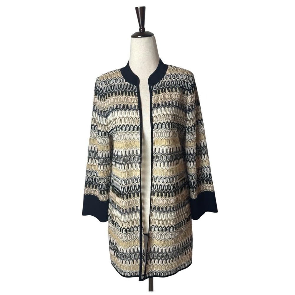 Misook Sweater Women XS Black Tan Knit Geometric Sparkle Open Long Line Cardigan